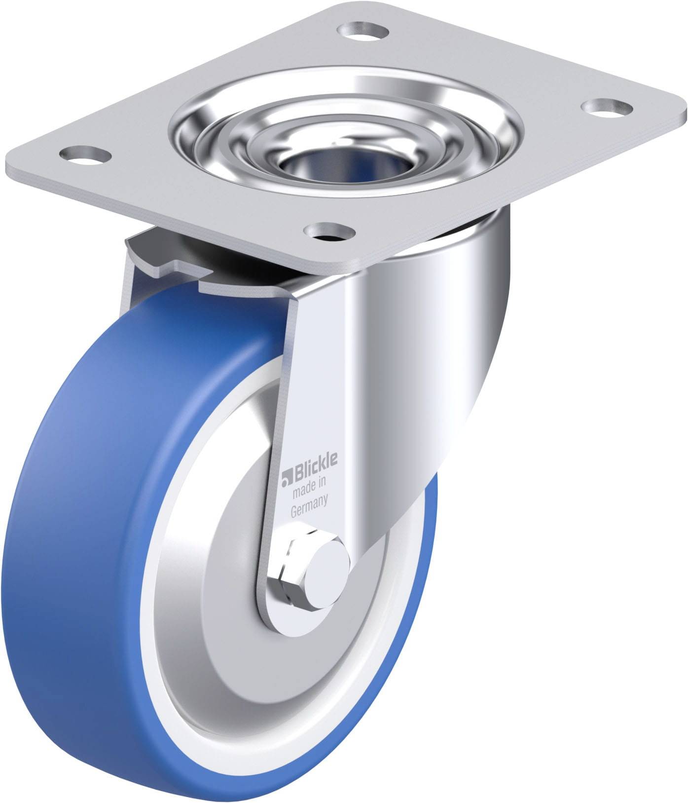 Rollen mit blauem Rad und Metallhalterung für Möbel oder Geräte, verwendet zum Bewegen und Positionieren auf glatten Oberflächen.