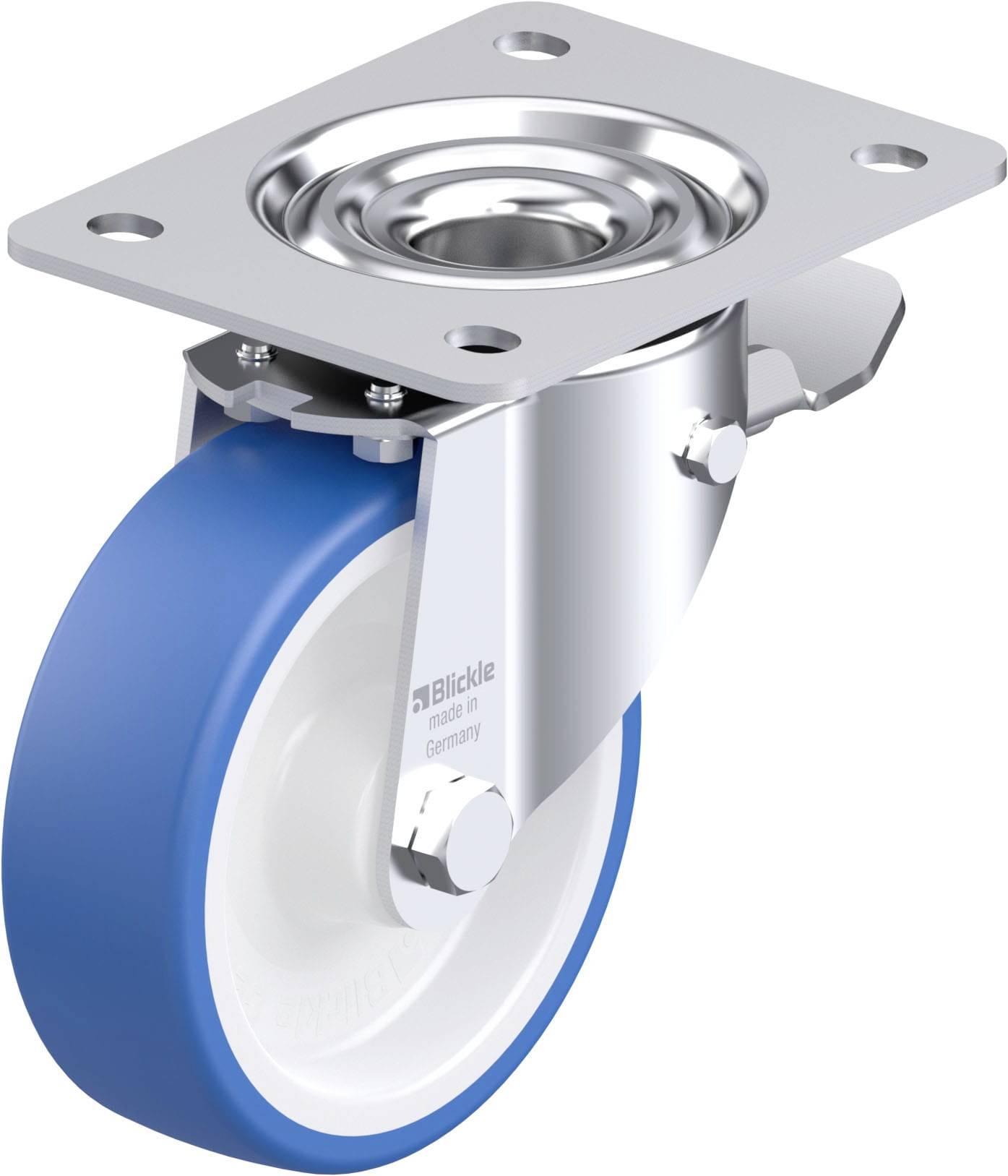 Ein drehbares Rad mit blauer Gummibereifung und silberner Metallhalterung zur Befestigung an Möbeln oder Geräten.