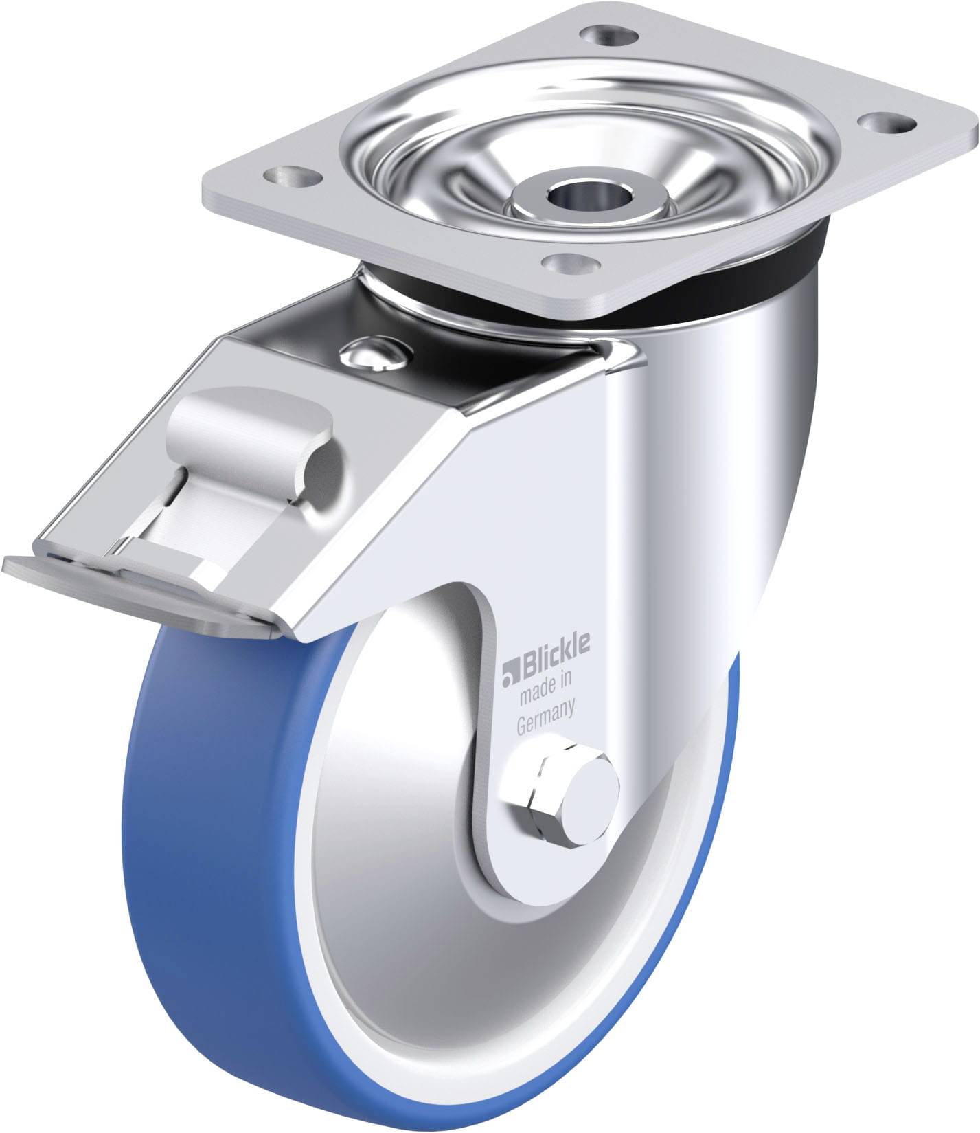 Rolle mit blauer Gummilauffläche und Metallgehäuse, drehbar mit Befestigungsplatte und Bremse, für industrielle Anwendungen geeignet.