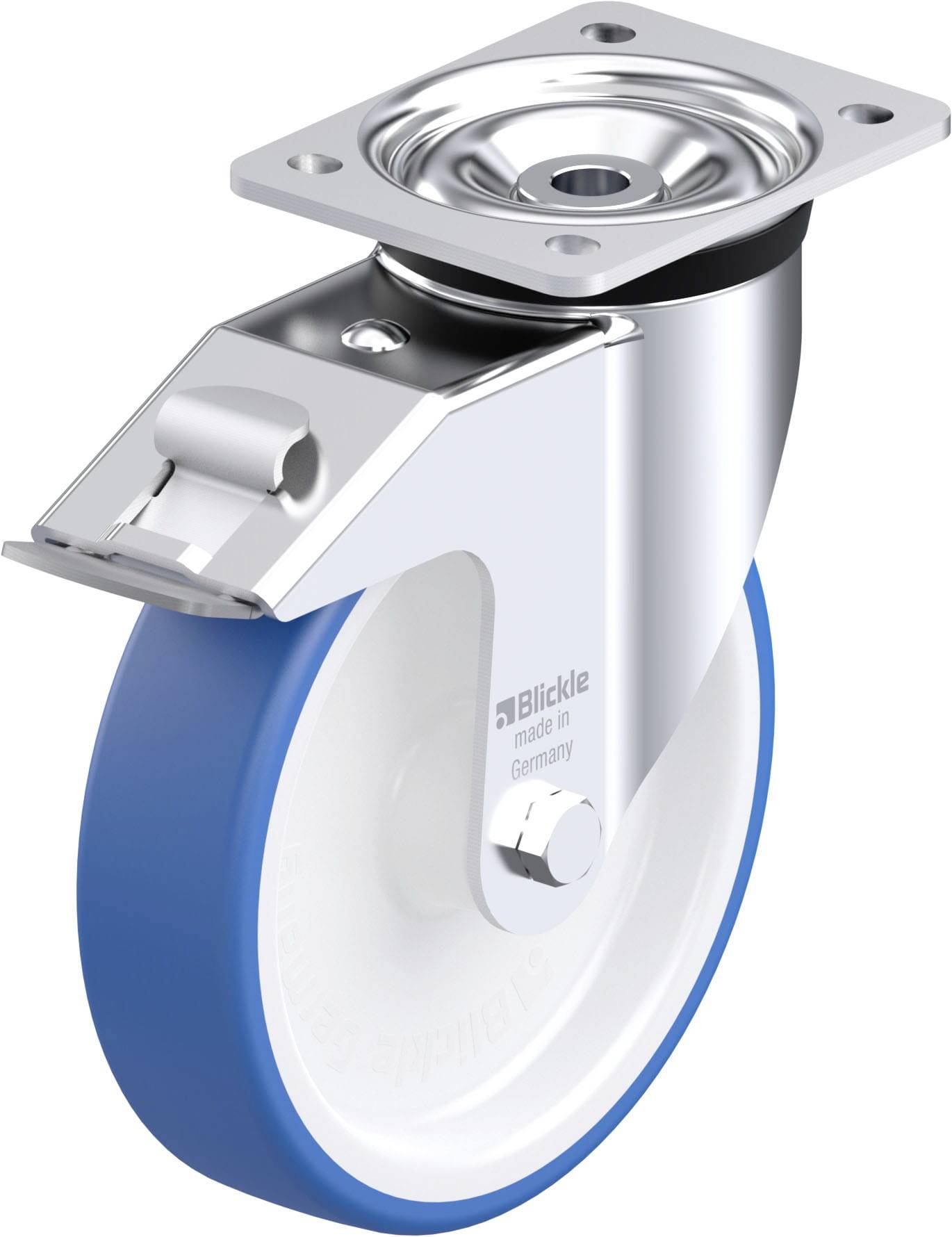 Drehbares Rad mit blauer Lauffläche und silberner Halterung, geeignet für Möbel oder Maschinen. Hergestellt in Deutschland.