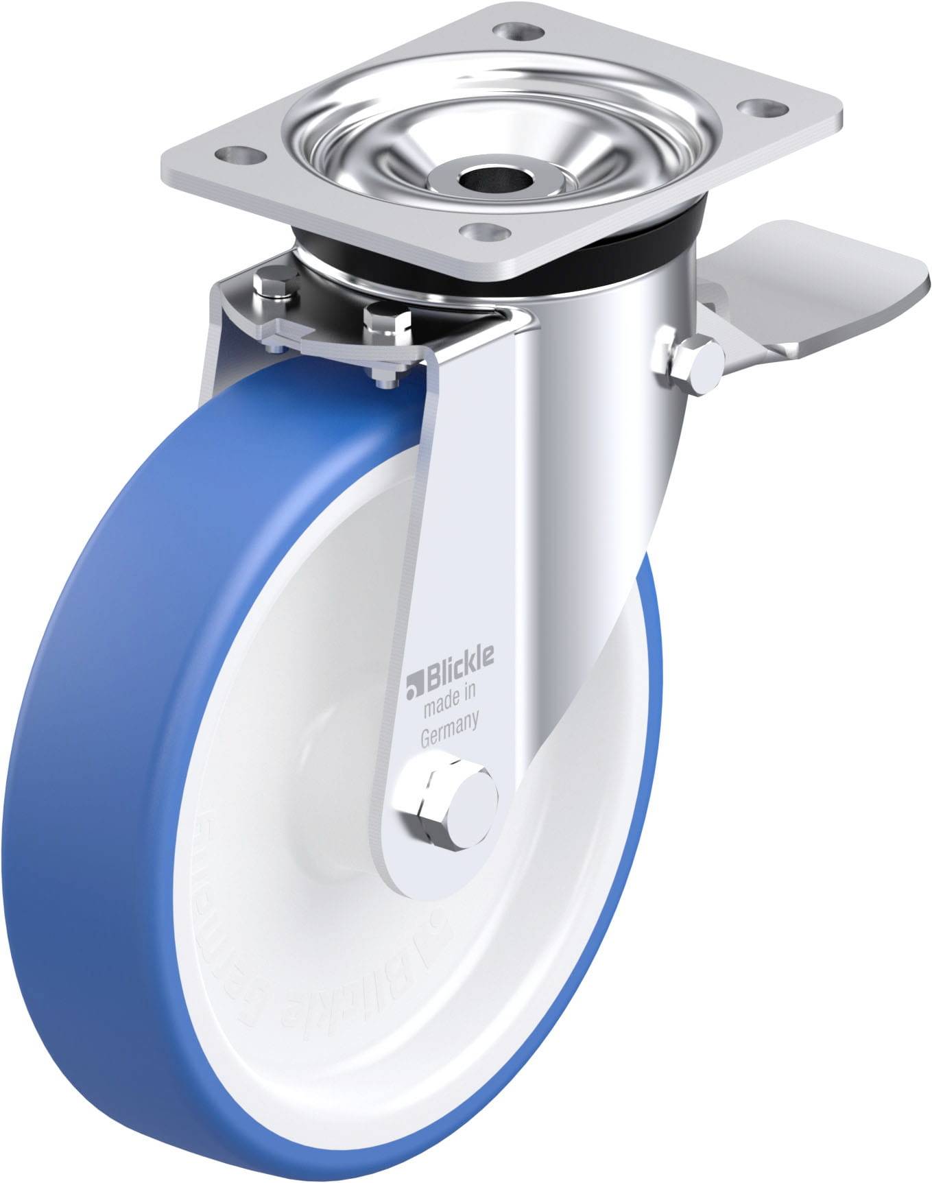 Ein blau-weißes Rad mit Halterung aus Metall. Es hat eine Feststellbremse und ist für Transportgeräte vorgesehen.