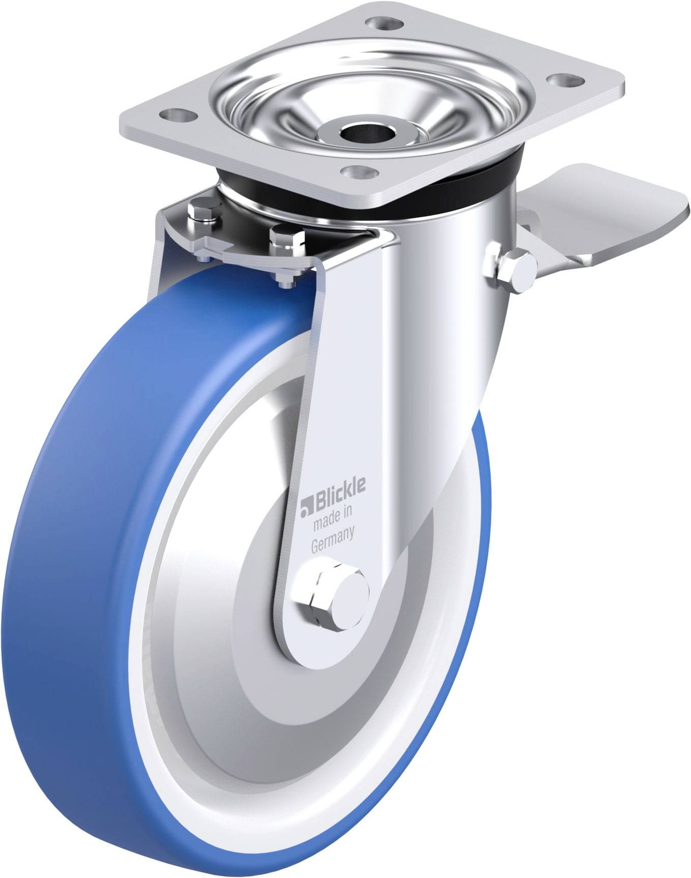 Schwenkrolle mit blauer Lauffläche, silbernem Gehäuse und Bremse, wahrscheinlich für den industriellen Einsatz oder Möbel bestimmt.