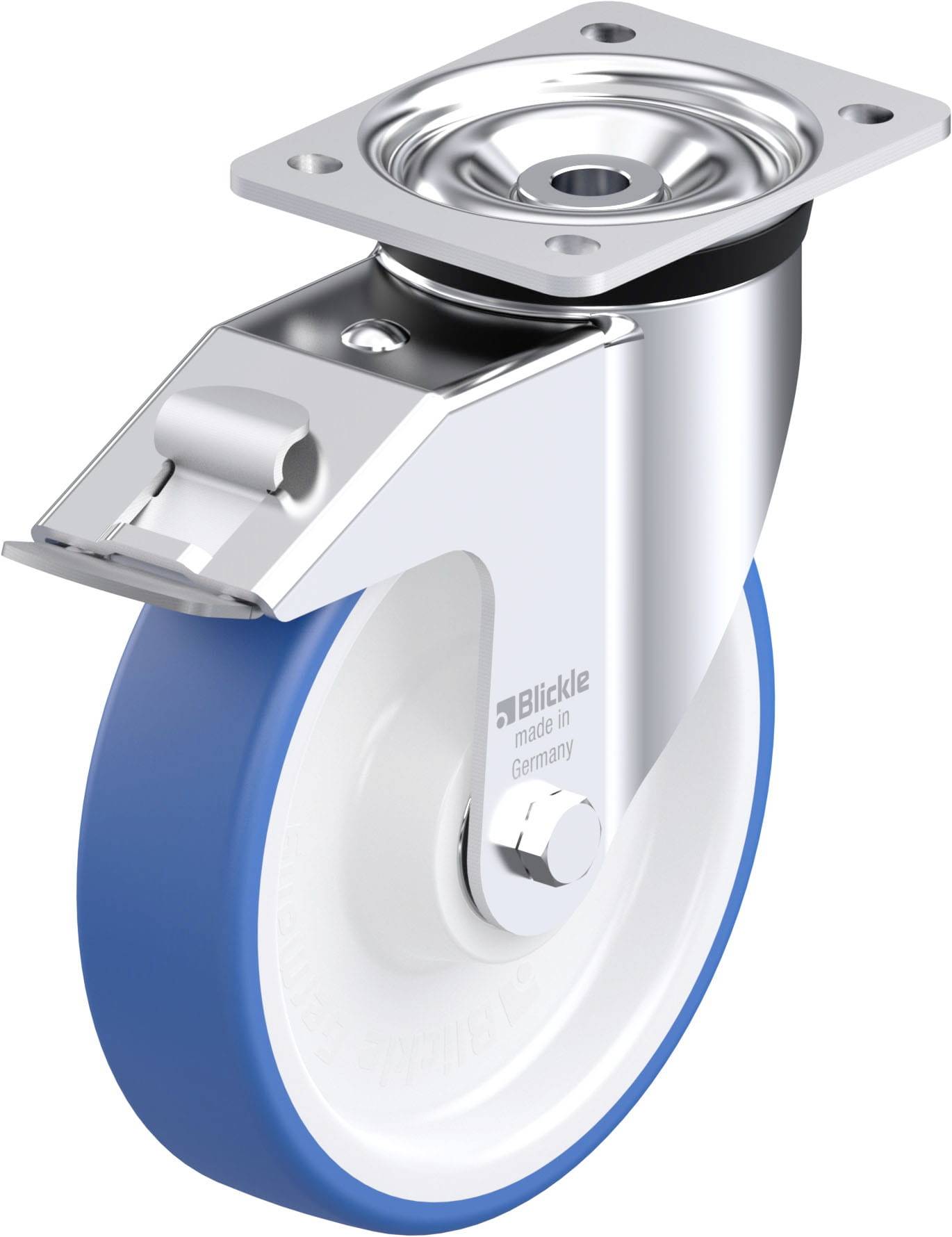 Ein blau-weißes Schwenkrolle mit Metallhalterung, geeignet für Möbel oder Geräte, zeigt die Aufschrift 'Blickle made in Germany'.
