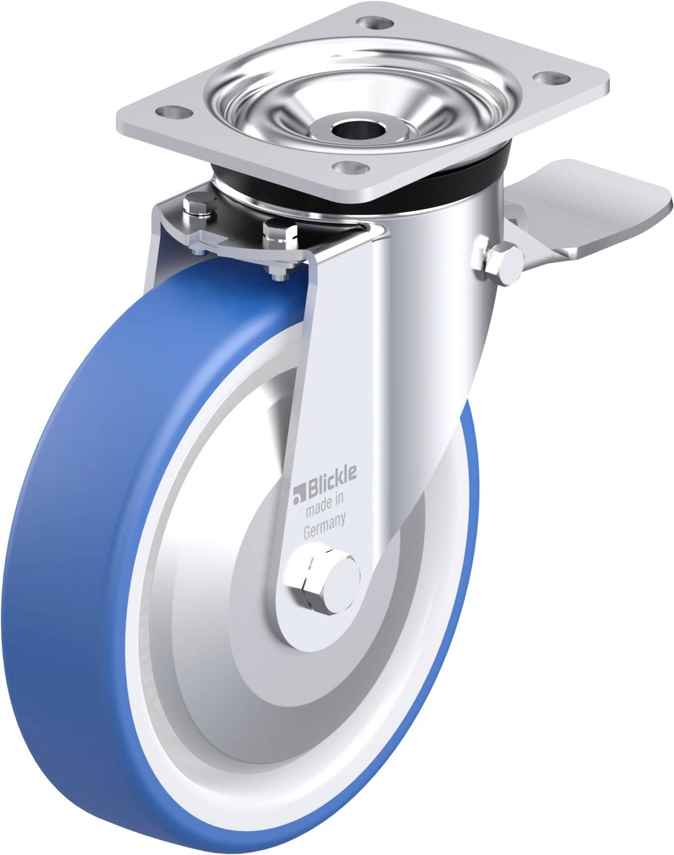 Schwenkrolle mit blauer Gummilauffläche und silbernem Gehäuse, typischerweise verwendet für Transportwagen oder Möbel.