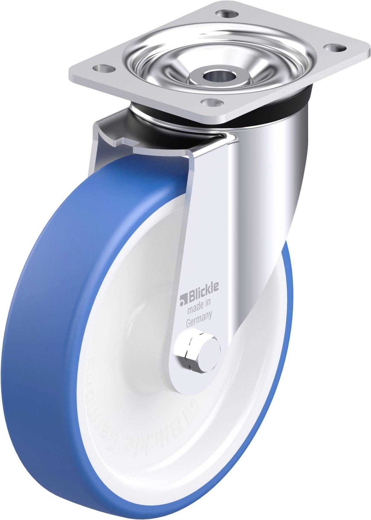 Eine blaue Raddrehrolle mit Metallhalterung, beschriftet mit 'Blickle made in Germany'.