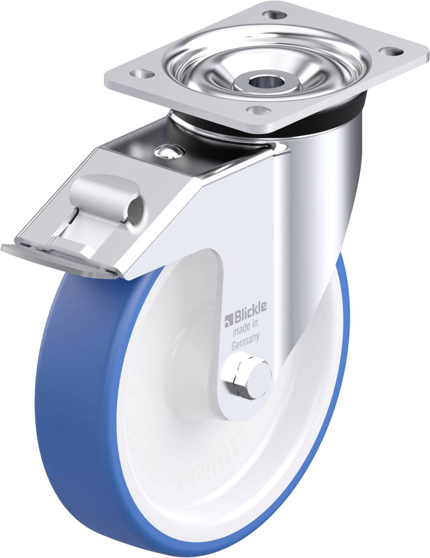 Industrie-Lenkrolle mit blauer TPR-Bereifung und silbernem Gehäuse, geeignet für glatte Böden. Herstellerangabe 'Blickle made in Germany'.
