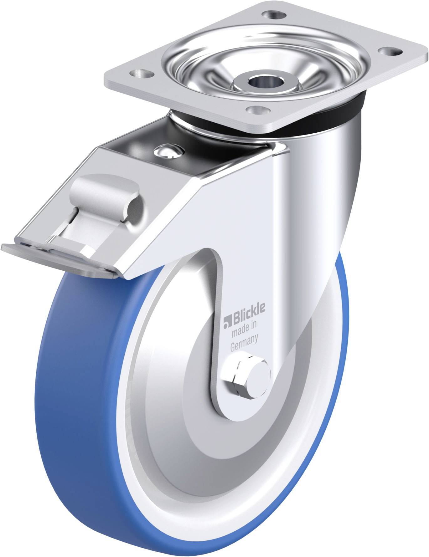 Metallrolle mit blauem Gummirand und Befestigungsplatte. Entwickelt für Möbel oder Geräte, um Mobilität und Stabilität zu gewährleisten.