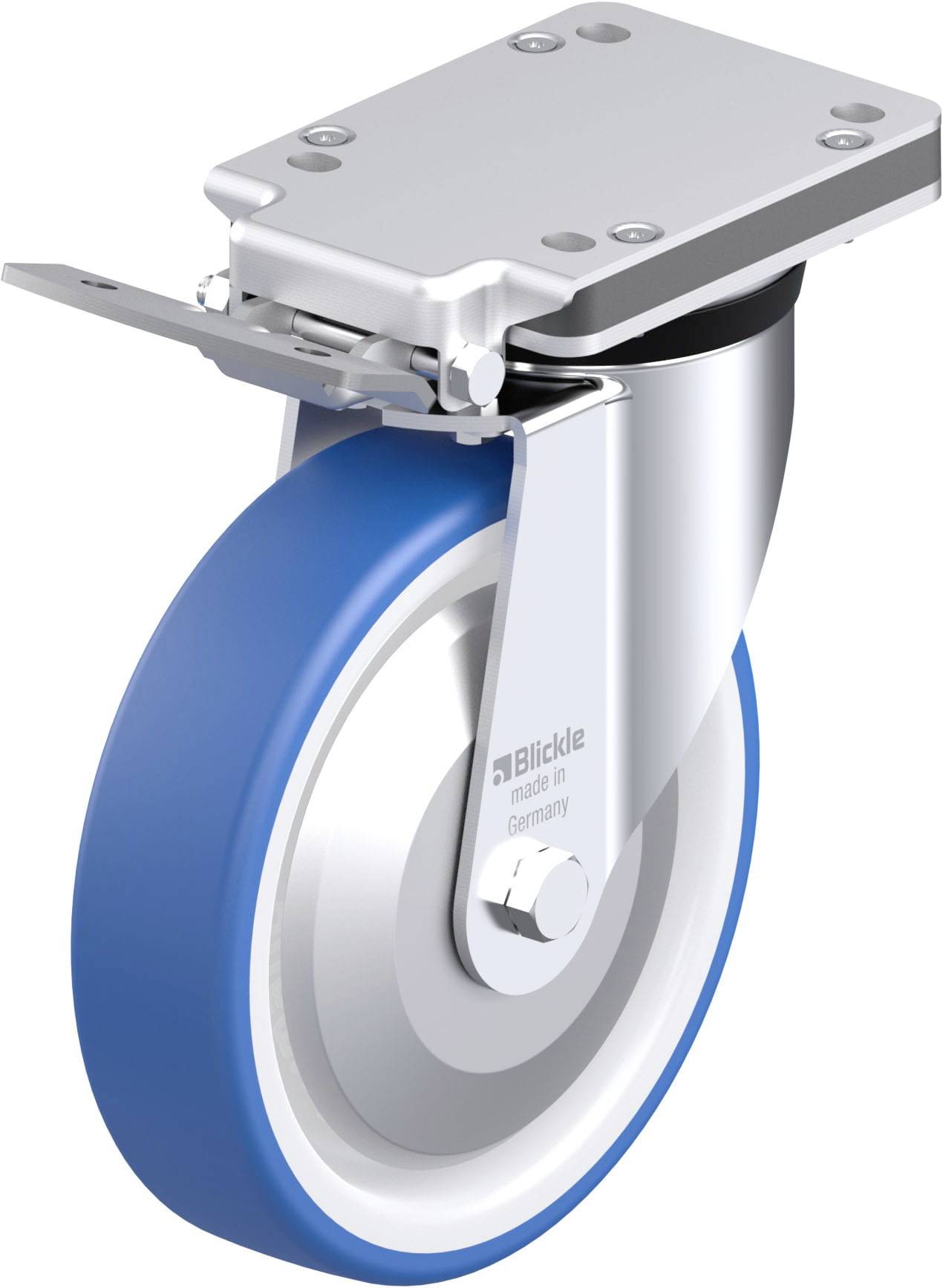 Industrie-Rollenrad mit blauem Gummi und Metallhalterung, seitliches Bremssystem sichtbar.