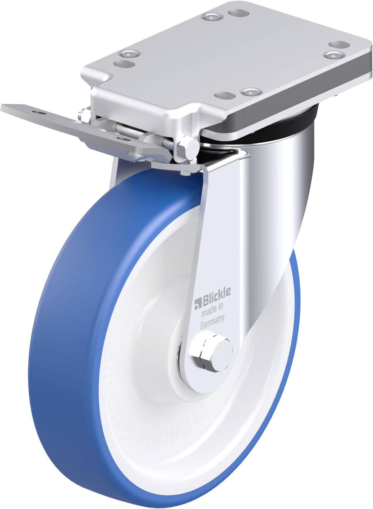 Drehbares Rad mit blauem Gummireifen und weißem Innenkern, Metallgehäuse oben. Schwenkmechanismus und Befestigungsplatte sichtbar.