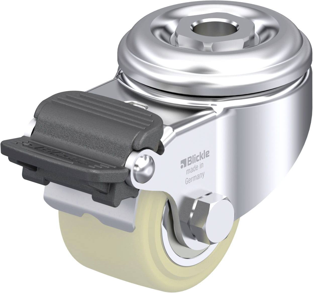 Metallisches, schwenkbares Rad mit Bremsmechanismus, robustes Design, geeignet für industrielle Anwendungen.