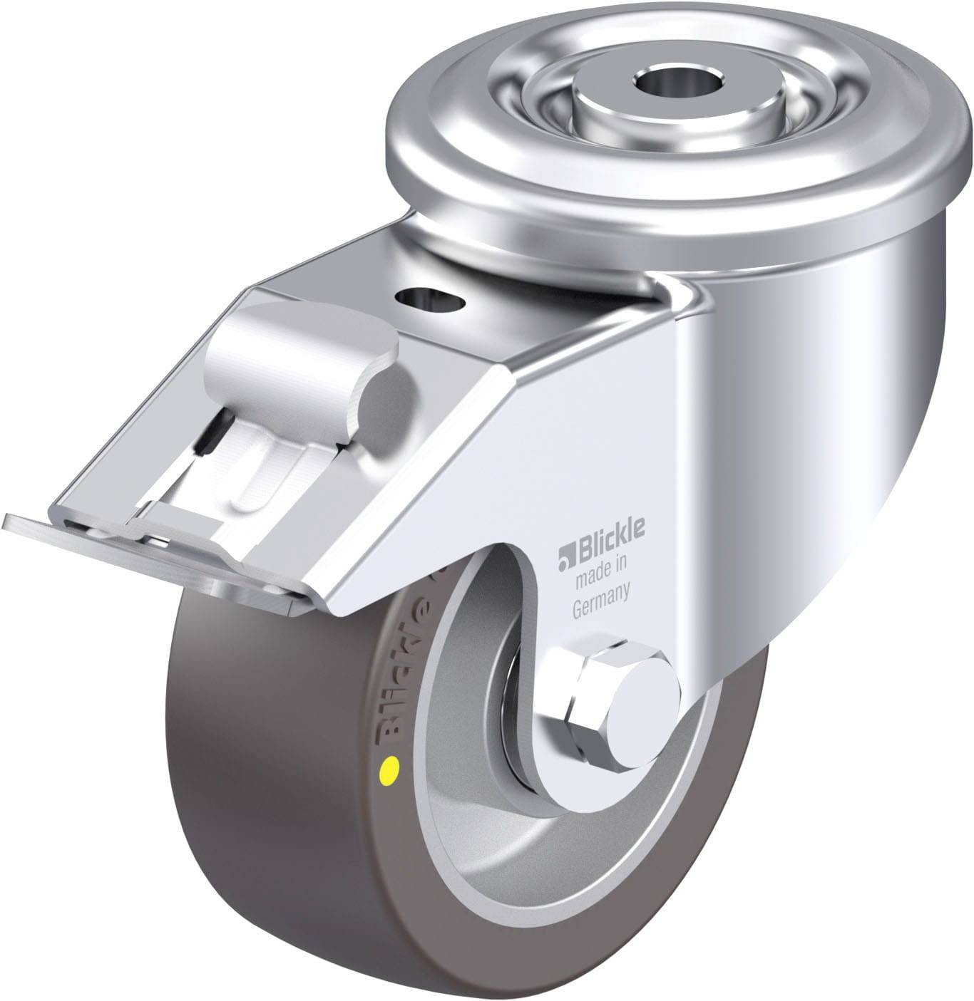 Metallisches Drehgelenk-Lenkrolle mit grauem Rad. Beschriftung 'Blickle made in Germany'. Gezeigt in Seitenansicht.
