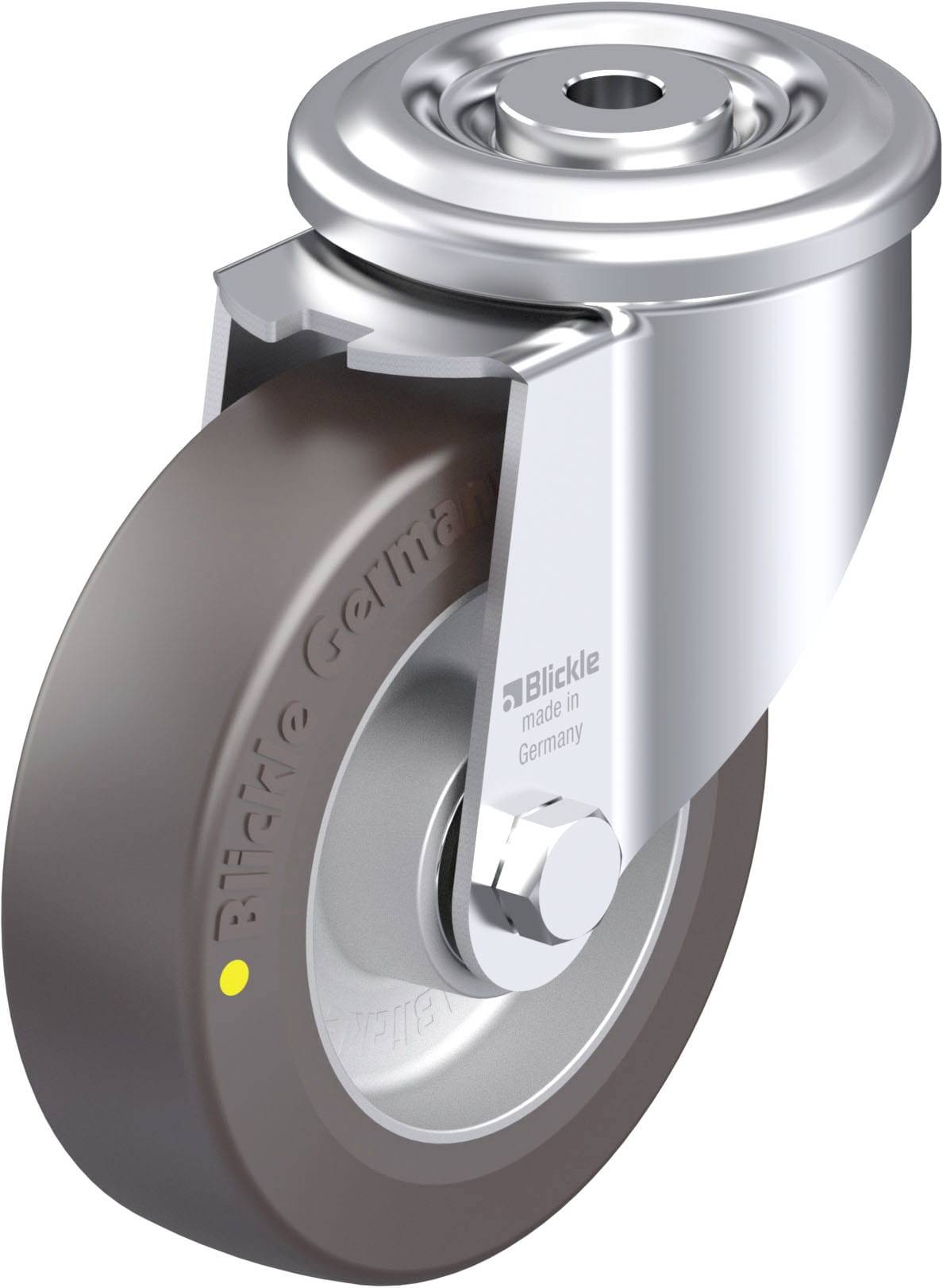 Rolle mit silbernem Gehäuse und braunem Rad. Aufschrift 'Blickle Germany' auf der Felge. Entworfen für Transportwagen oder Möbel.