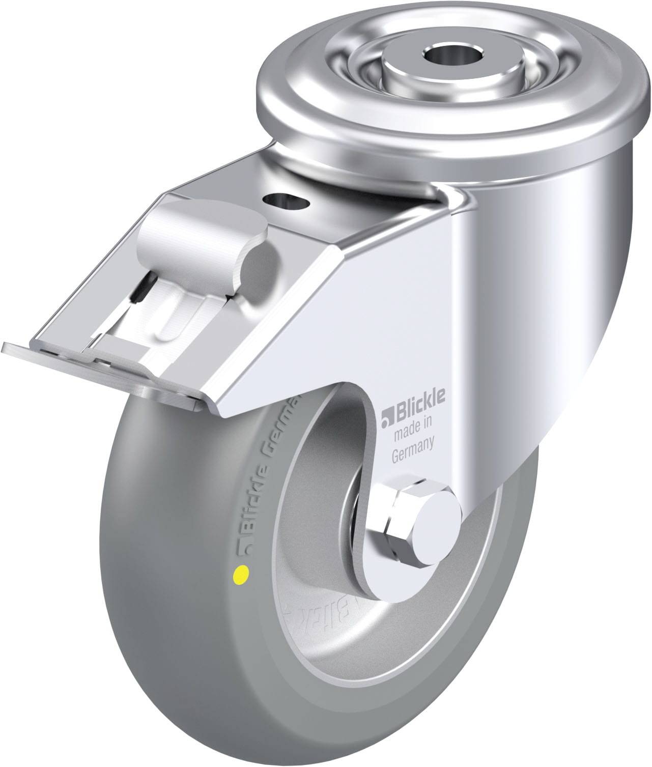 Metallisches Lenkrollenrad mit grauem Gummi und robustem Gehäuse, markiert mit 'Blickle made in Germany', für industrielle Anwendungen.