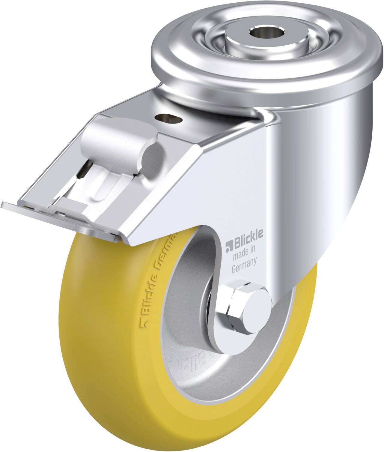 Rollenrad mit gelbem Gummirad und silbernem Metallgehäuse. Aufschrift: 'Blickle, made in Germany'.