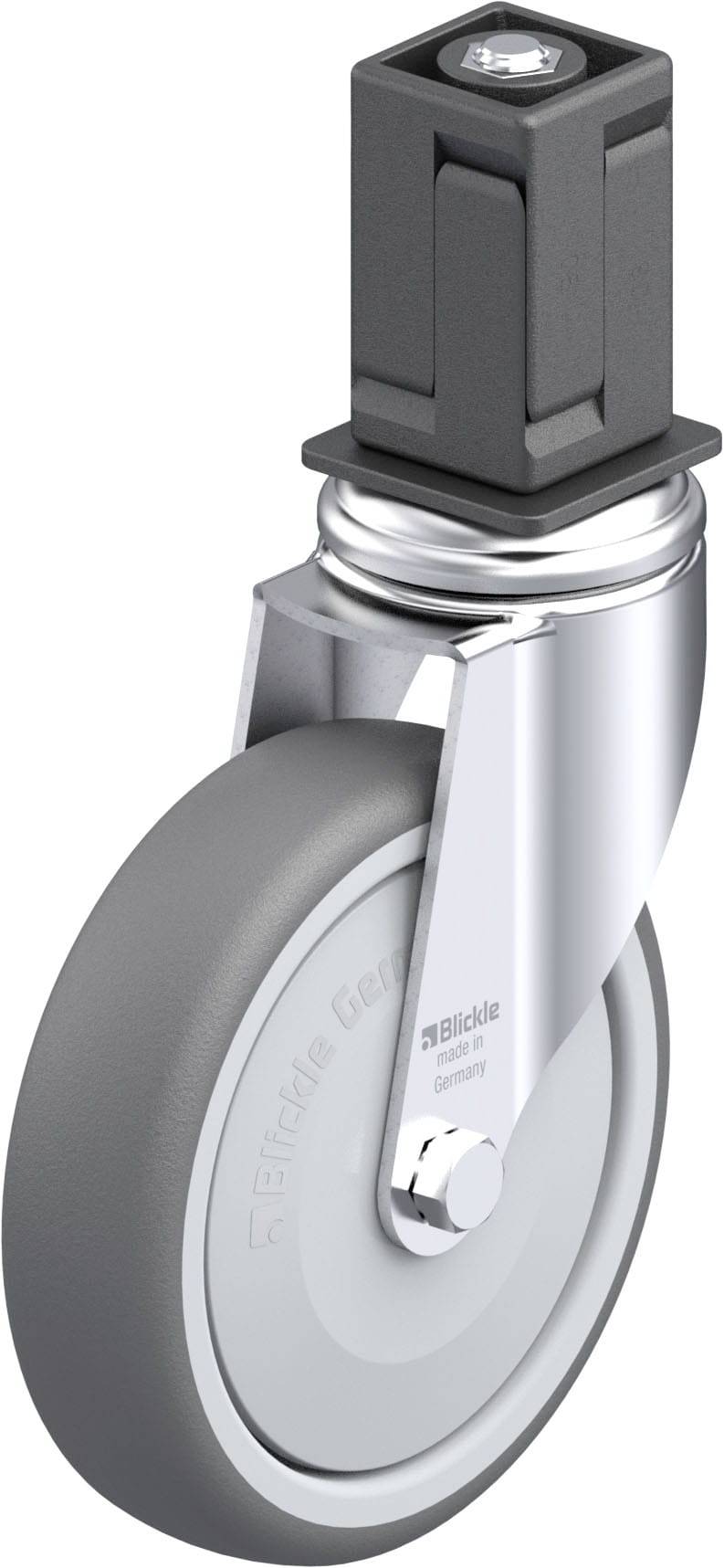 Graues Lenkrollenrad mit Metallhalterung und schwarzem Gehäuse oben, für Möbel oder Transportgeräte.