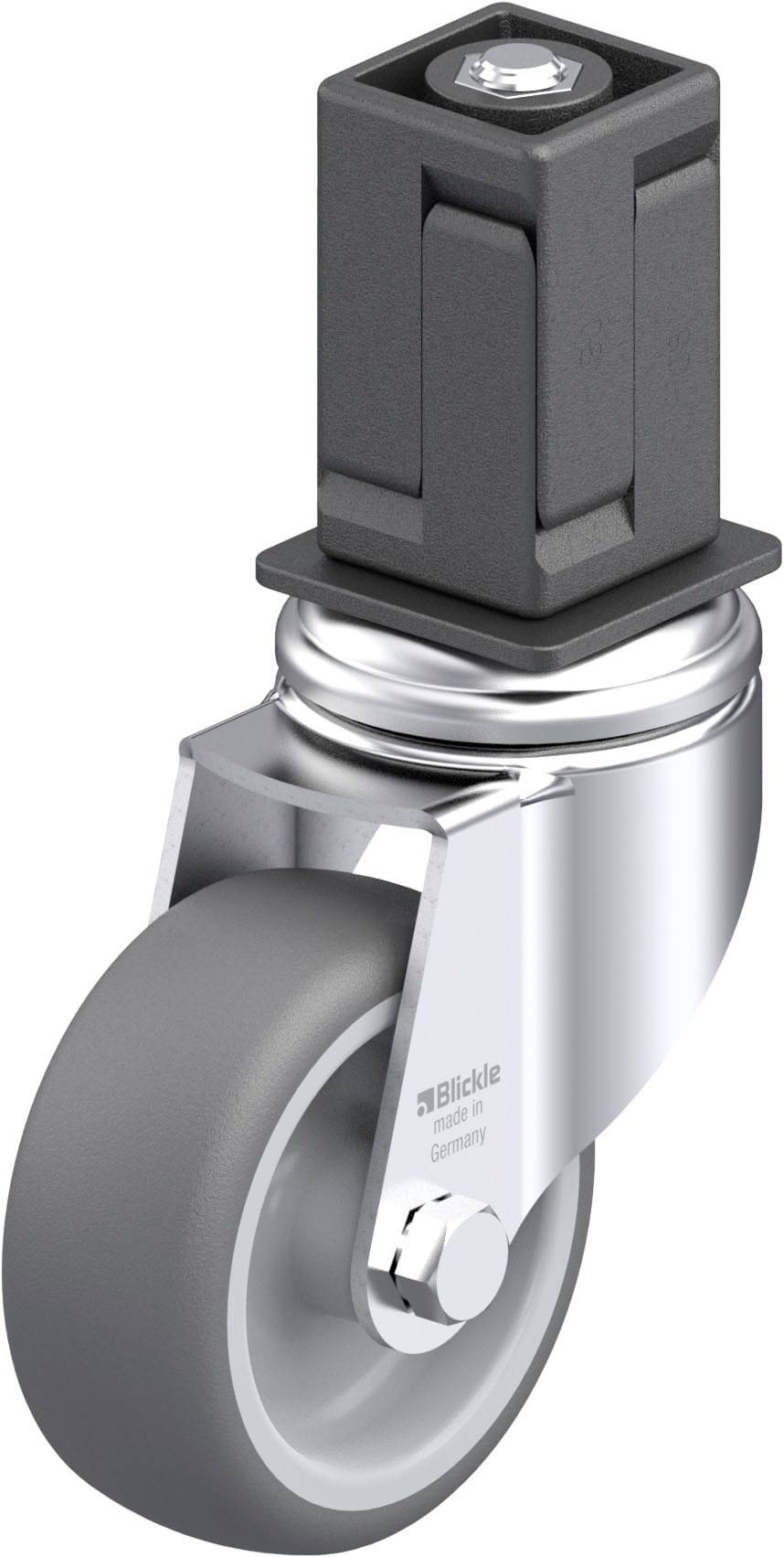 Lenkrolle mit grauem Rad und Metallgehäuse, geeignet für Möbel oder Wägen, oben eine schwarze Befestigungskomponente.
