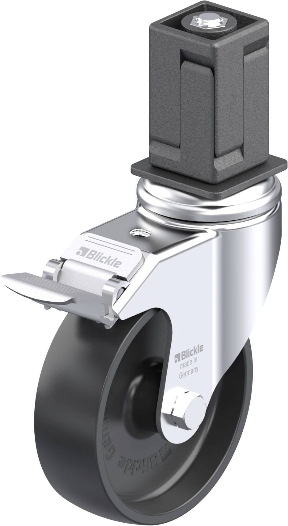 Industrie-Transportrolle mit schwarzem Rad und Metallgehäuse, passend für schwere Lasten. Markenname 'Blickle' auf Gehäuse.