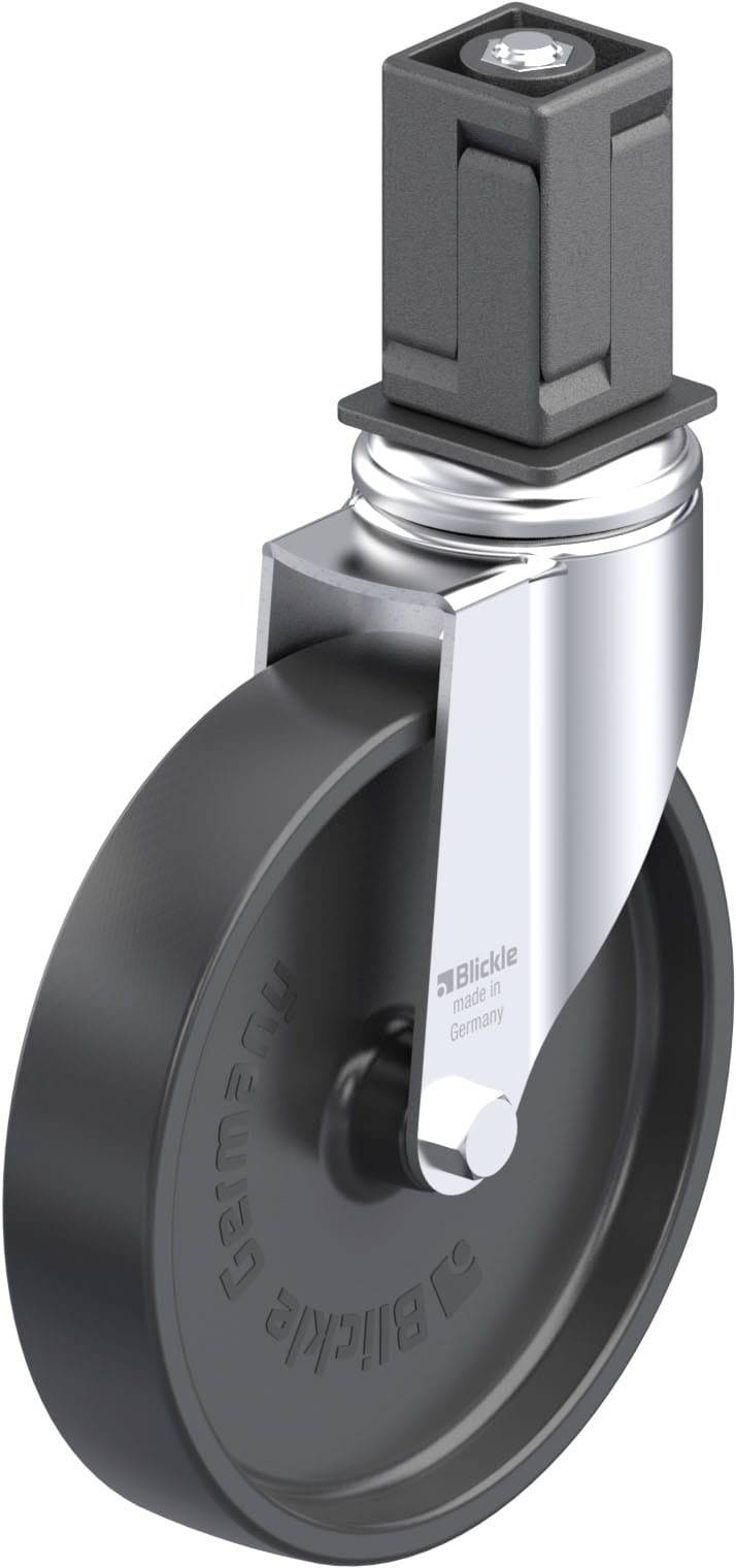 Industrie-Rolle aus Metall und Kunststoff mit einem schwarzen Rad und einem Befestigungsadapter oben.