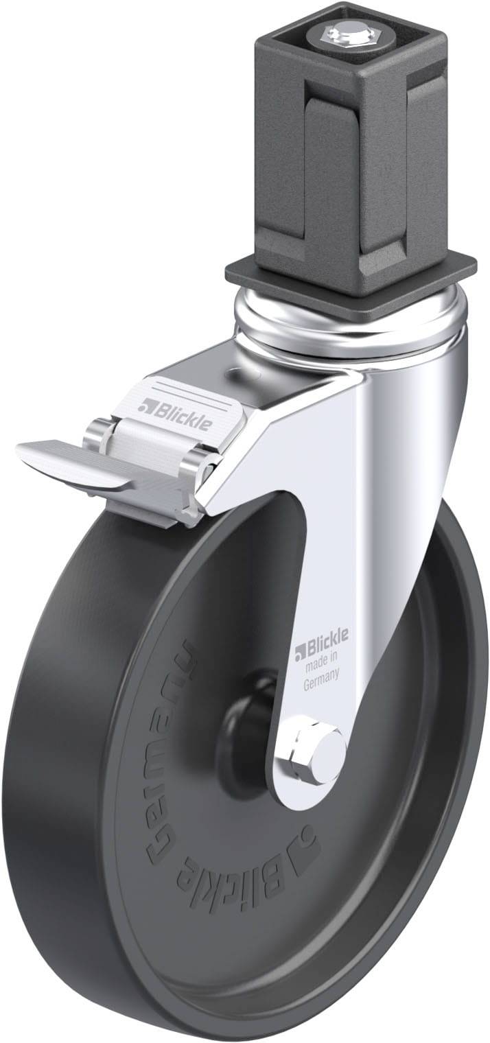 Industrielles Laufrad mit schwarzer Gummibereifung und grauem Metallgehäuse. Es besitzt eine Feststellbremse und ein stabiles Befestigungselement.