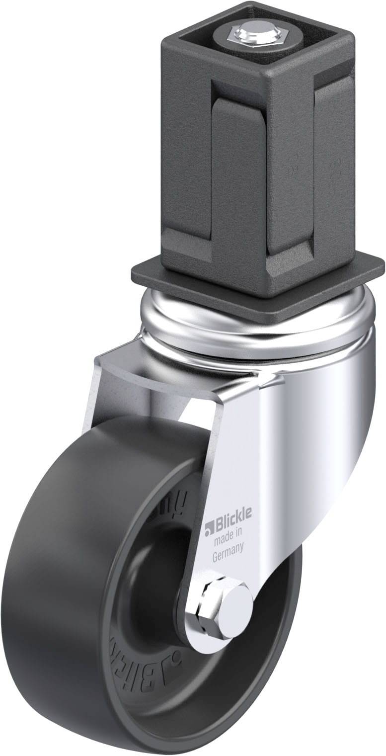 Schwenkrolle aus Metall mit schwarzem Rad und rechteckigem Befestigungselement, geeignet für den industriellen Einsatz.