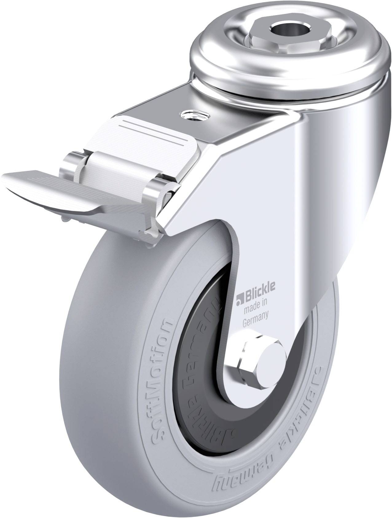 Grauer Lenkrollenrad mit Bremse, silbernes Gehäuse, Beschriftung 'Blickle made in Germany'. Hochwertige Fertigung für industrielle Anwendungen.