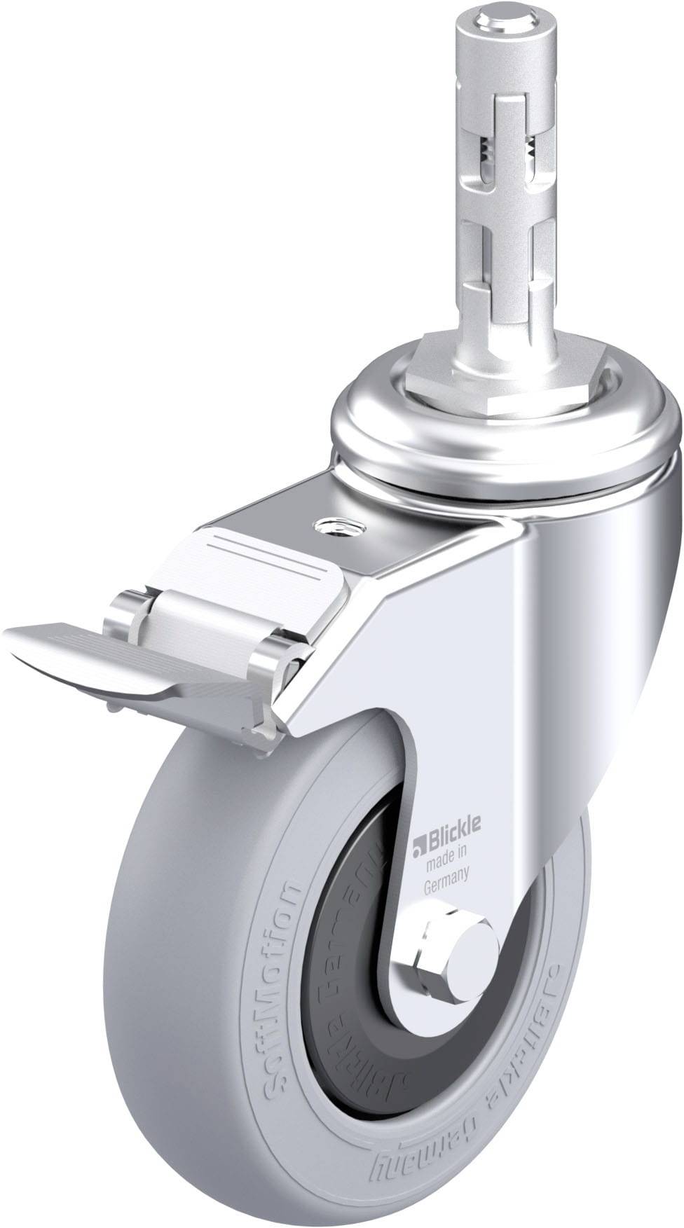 Metallisches Schwerlast-Lenkrolle mit grauem Rad und Befestigungsstift, geeignet für industrielle Anwendungen.