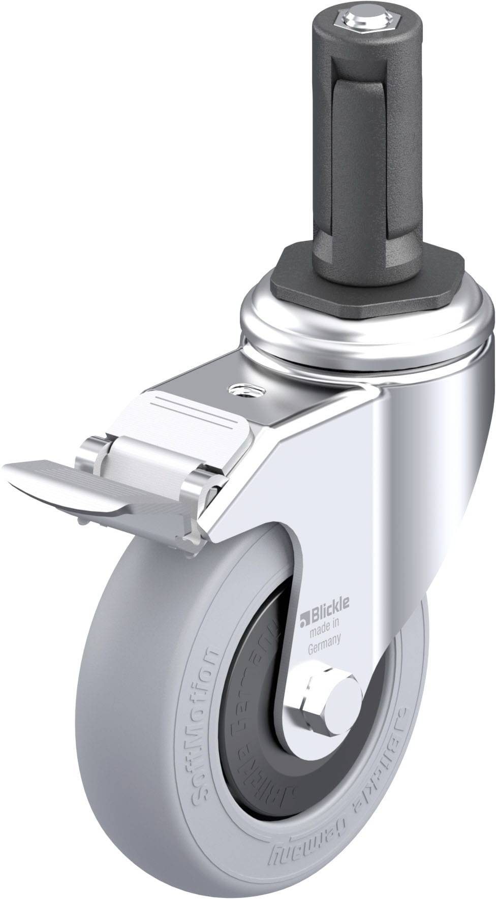 Graue Lenkkrolle mit Bremse und schwarzem Gehäuse. Geeignet für Möbel oder Geräte, ermöglicht leichtes Bewegen und Positionieren.