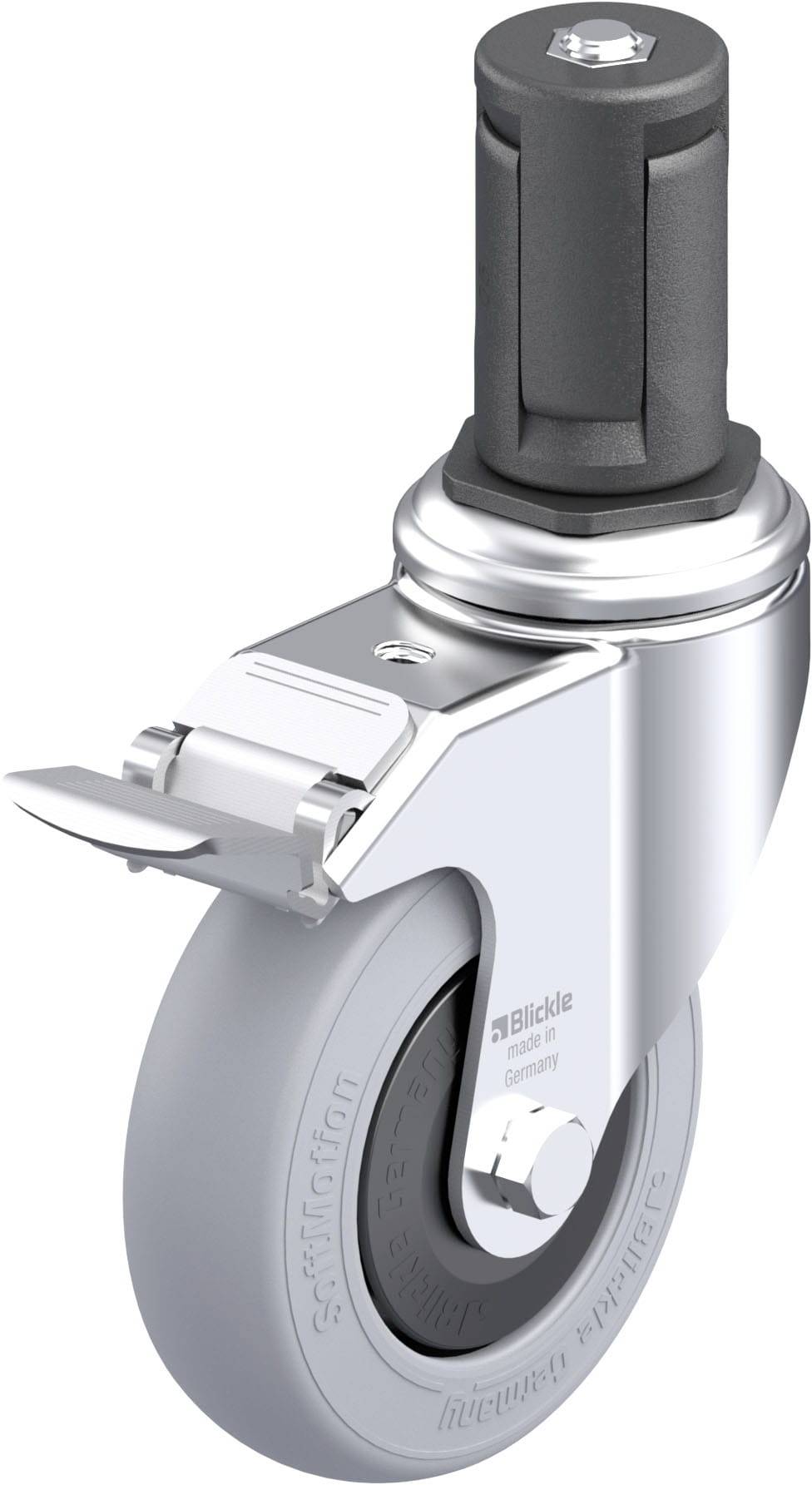 Eine drehbare Lenkrolle mit schwarzem Gehäuse und grauem Rad. Sie verfügt über eine Bremse an der Seite und eine sechseckige Schraube oben.