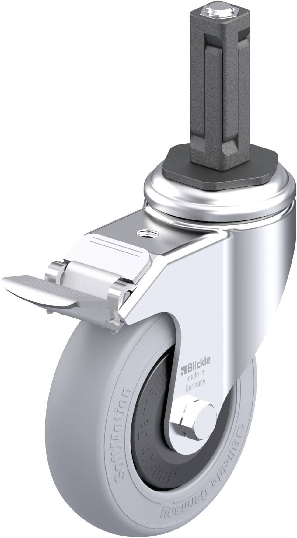 Lenkrolle mit grauem Rad und Befestigungsschaft, metallisch glänzend, Markenname sichtbar auf Rad. Geeignet für Möbel oder Geräte.