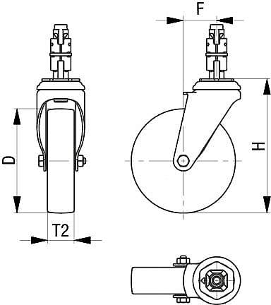 Technische Zeichnung eines schwenkbaren Rads mit Maßen D, F, T2 und H. Zeigt Vorderansicht, Seitenansicht und Draufsicht des Rads.