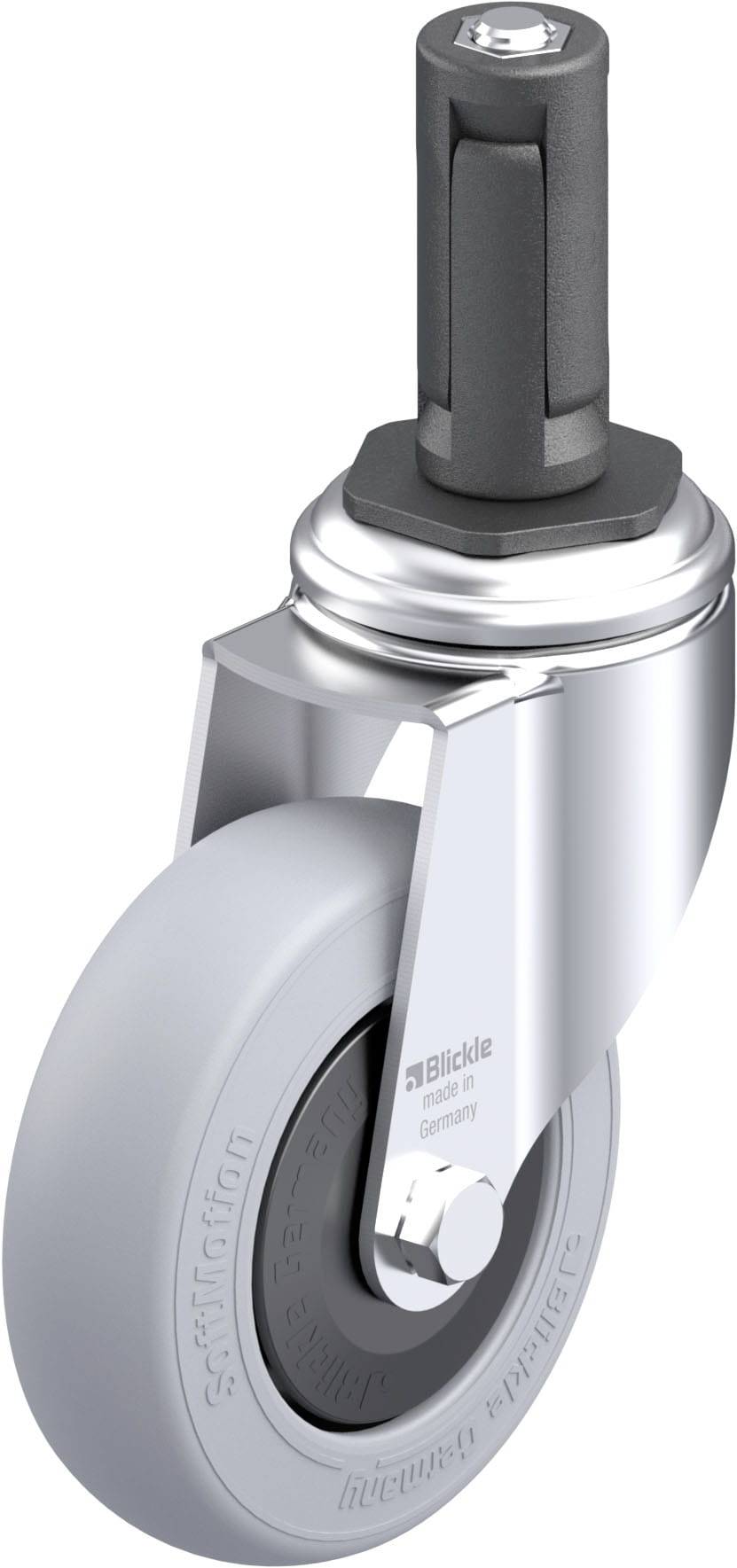 Ein einzelnes graues Schwenkrollenrad mit silbernem Gehäuse, geeignet für den Einsatz an Möbeln oder Geräten, mit Gummireifen.
