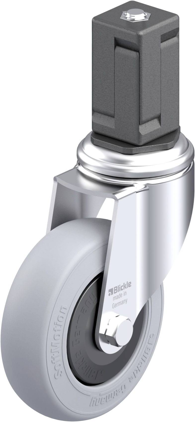Industrie-Lenkrolle aus Metall mit grauem Gummirad, geeignet für schwere Lasten und langlebige Nutzung.