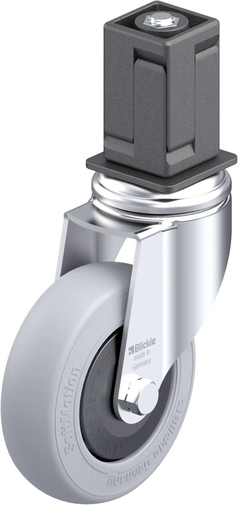 Schwenkrolle mit grauem Rad und schwarzer Befestigung, geeignet für leichte bis mittlere Belastungen.