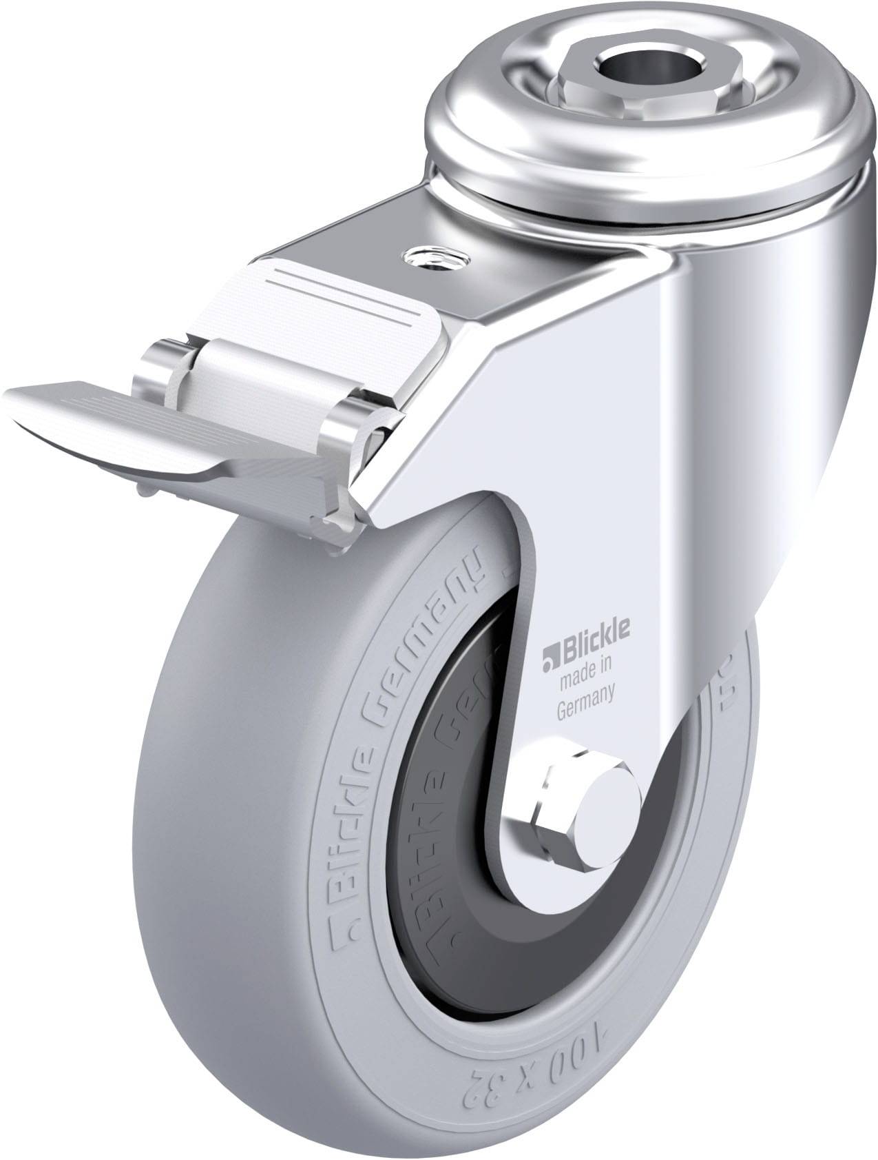 Industrie-Rollenrad aus Metall mit grauem Gummireifen, Aufschrift 'Blickle made in Germany'.