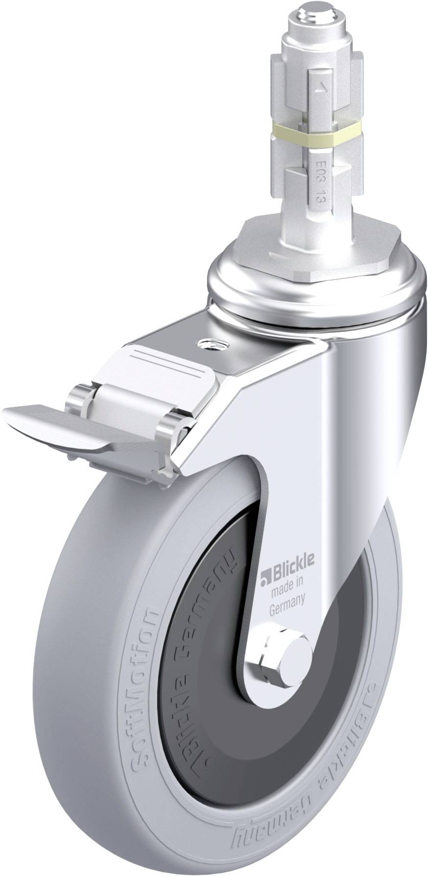 Schwenkrolle mit grauem Rad und feststellbarem Metallgehäuse, geeignet für Möbel oder Geräte.