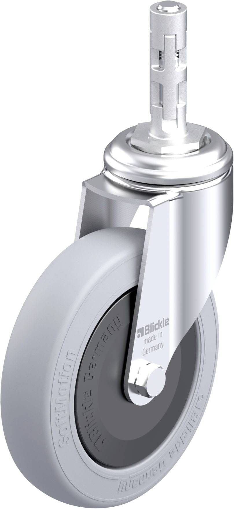 Grau-weiße Lenkrolle aus Metall und Kunststoff. Geeignet für den Einsatz an Möbeln oder Geräten, für einfache Mobilität.