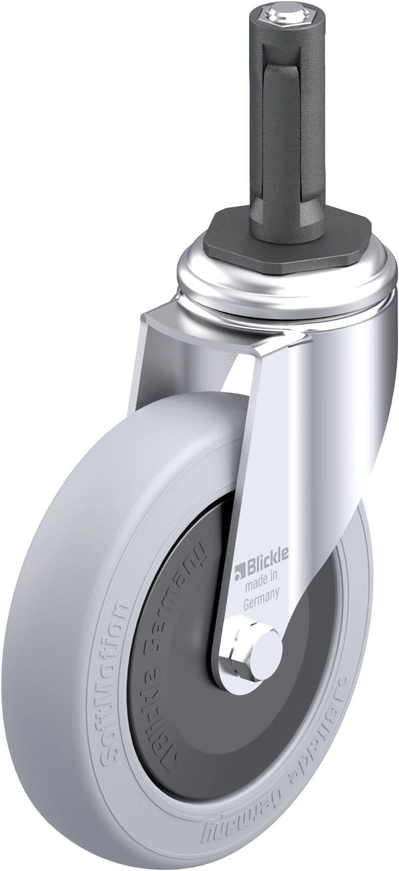 Industrierad mit grauem Gummi und Halterung aus Metall, geeignet für den Einsatz in Transportgeräten oder Maschinen.