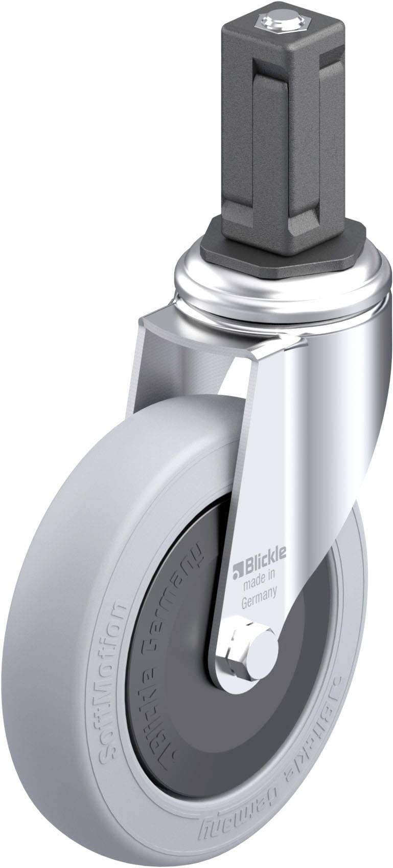 Laufrolle mit grauem Rad und silbernem Gehäuse, geeignet für schwere Geräte; Herstelleraufdruck 'Blickle' sichtbar.