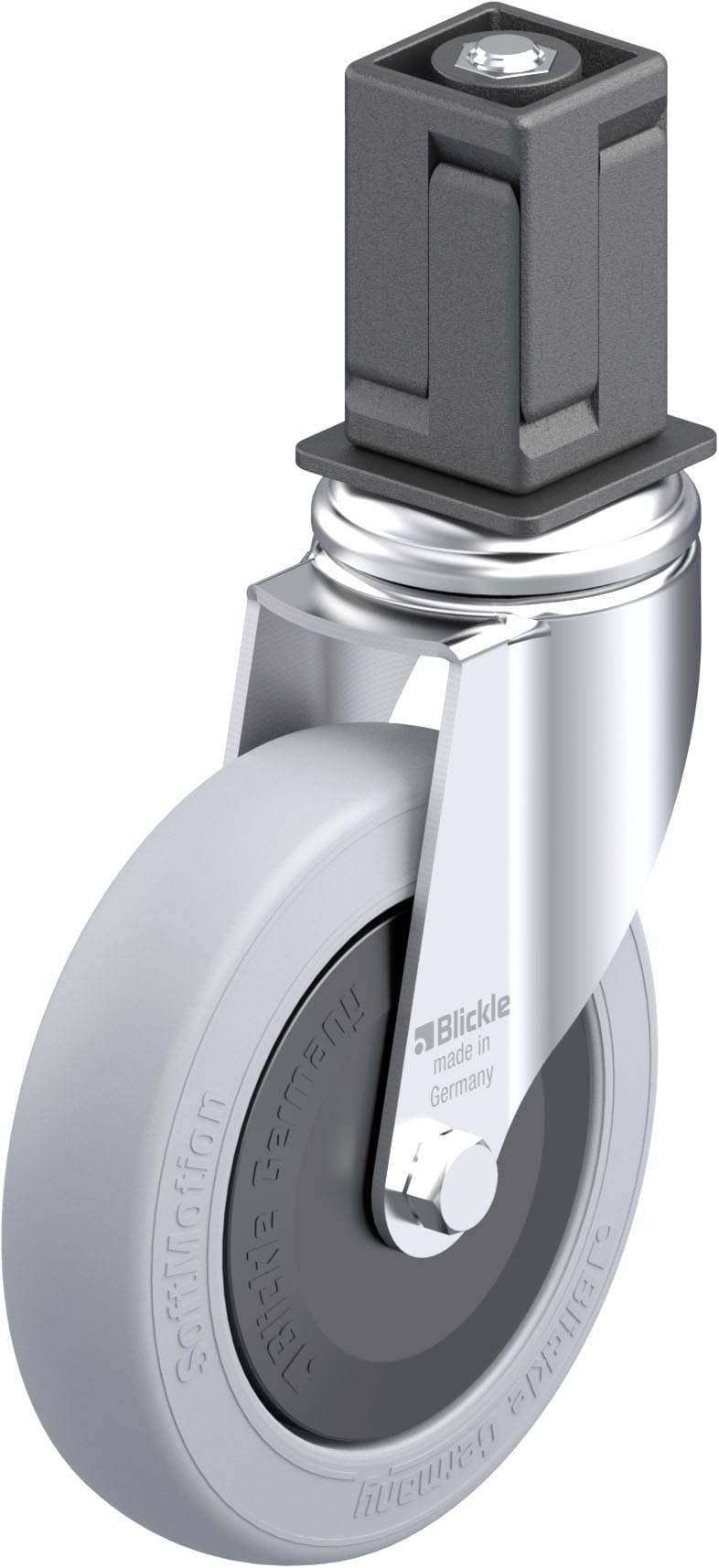Schwenkrolle mit grauem Rad, Metallgehäuse und quadratischem Befestigungselement. Geeignet für Transportgeräte.
