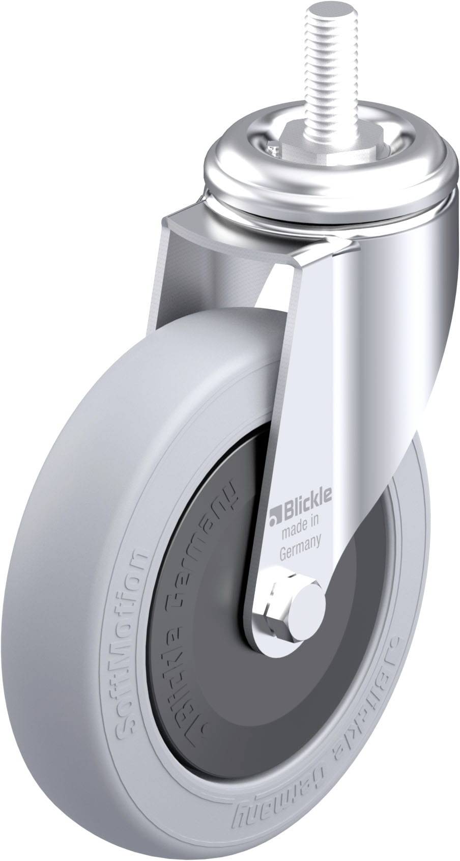 Metallisch silbernes und graues Rad mit Befestigungsstift. Aufschrift: 'Blickle made in Germany'.