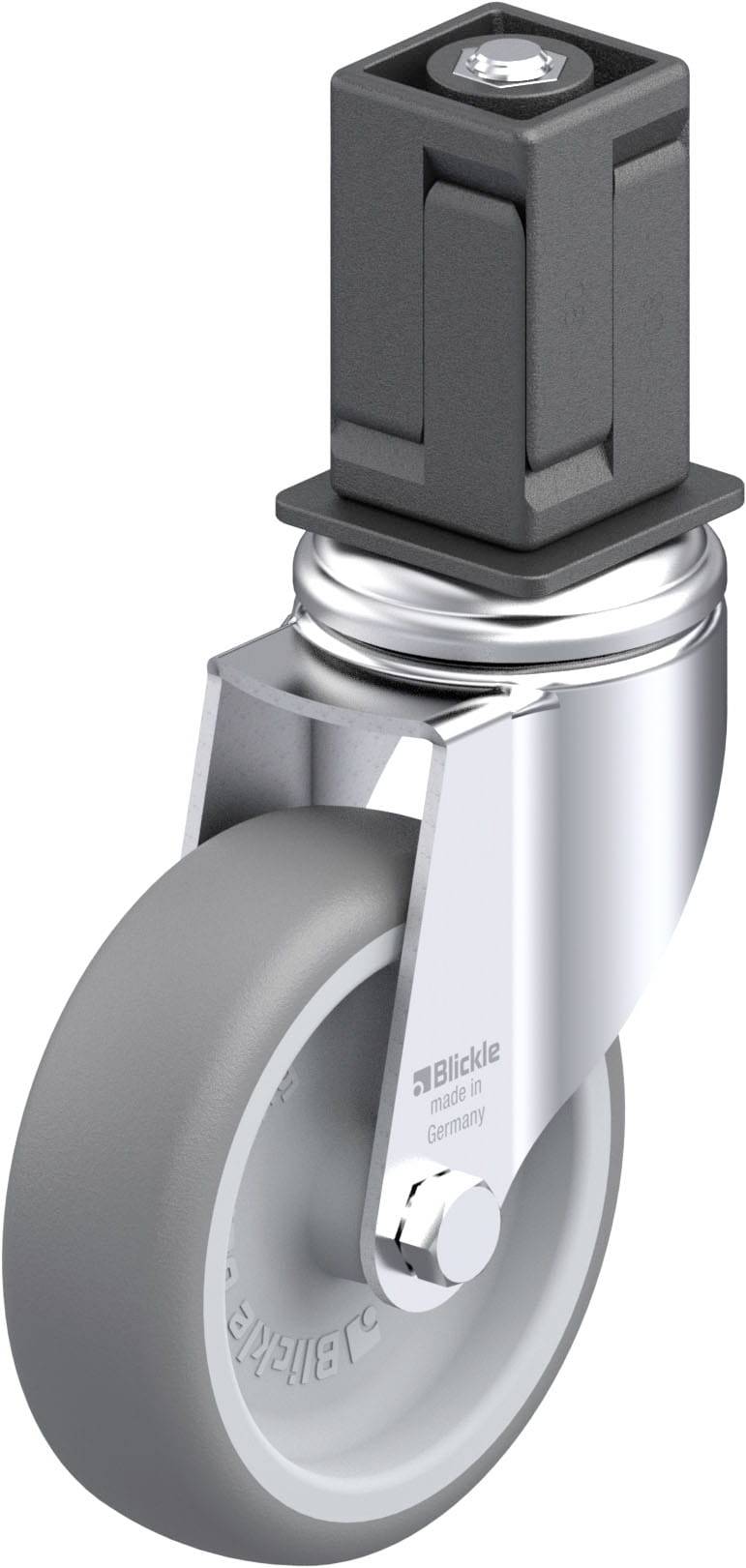 Graue Lenkrolle mit robustem Kunststoffgehäuse und Metallhalterung, markiert mit 'Blickle Germany'.