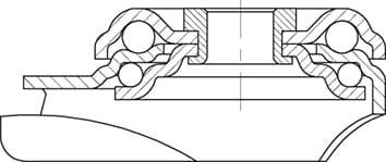Querschnittszeichnung eines technischen Lagers mit Kugeln und Ringen, zeigt Lageraufbau und Dichtungsdetails. Links abgerundet.