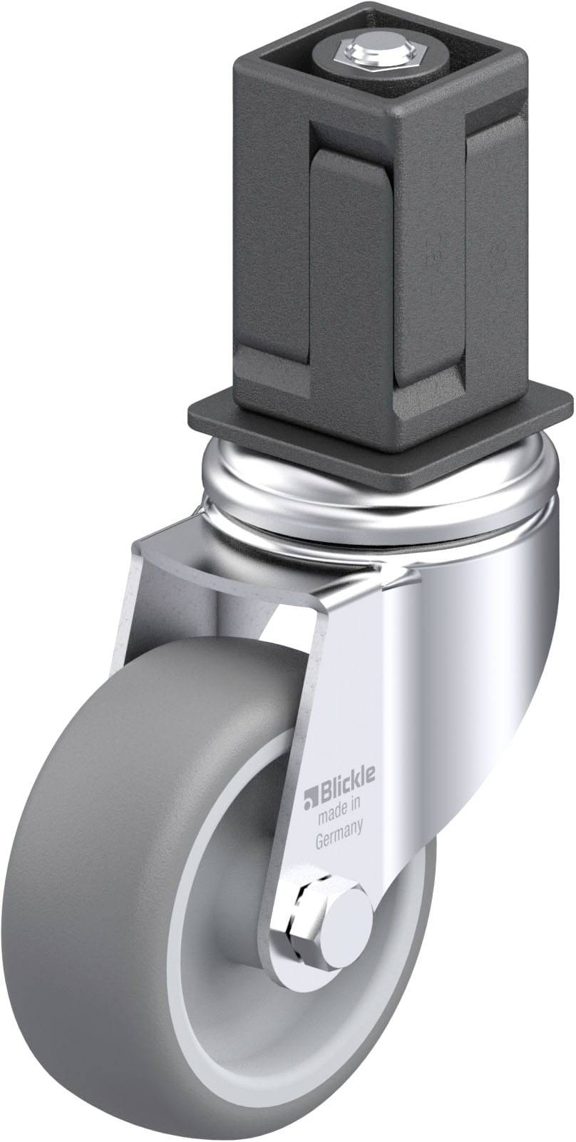Graues Schwerlast-Lenkrolle mit schwarzem Gehäuse, ideal für industrielle Anwendungen.
