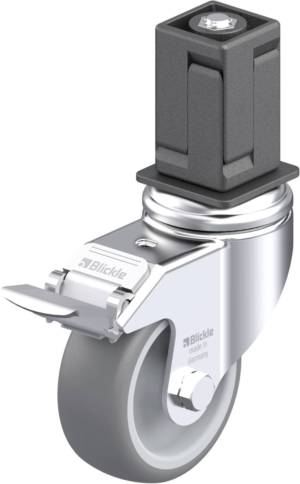 Schwenkrolle aus Metall mit grauem Rad und Bremse von Blickle, geeignet für Transportwagen oder Möbel; robust und industriell.