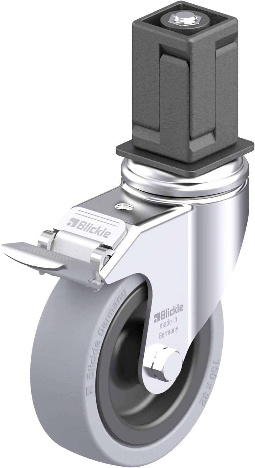 Rolle mit feststellbarem Gehäuse und grauem Rad, geeignet für industrielle Anwendungen. Gehäuse mit eckiger Halterung oben.