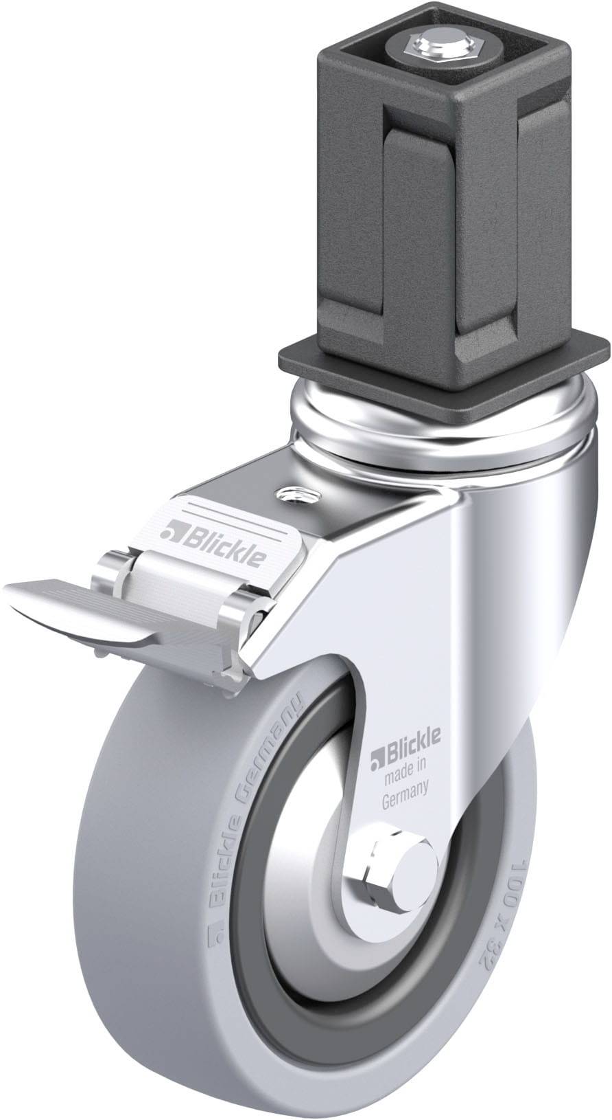 Industrie-Lenkrolle mit schwarzem Gehäuse und Bremsmechanismus. Silberne Radkonstruktion mit Blickle-Logo.