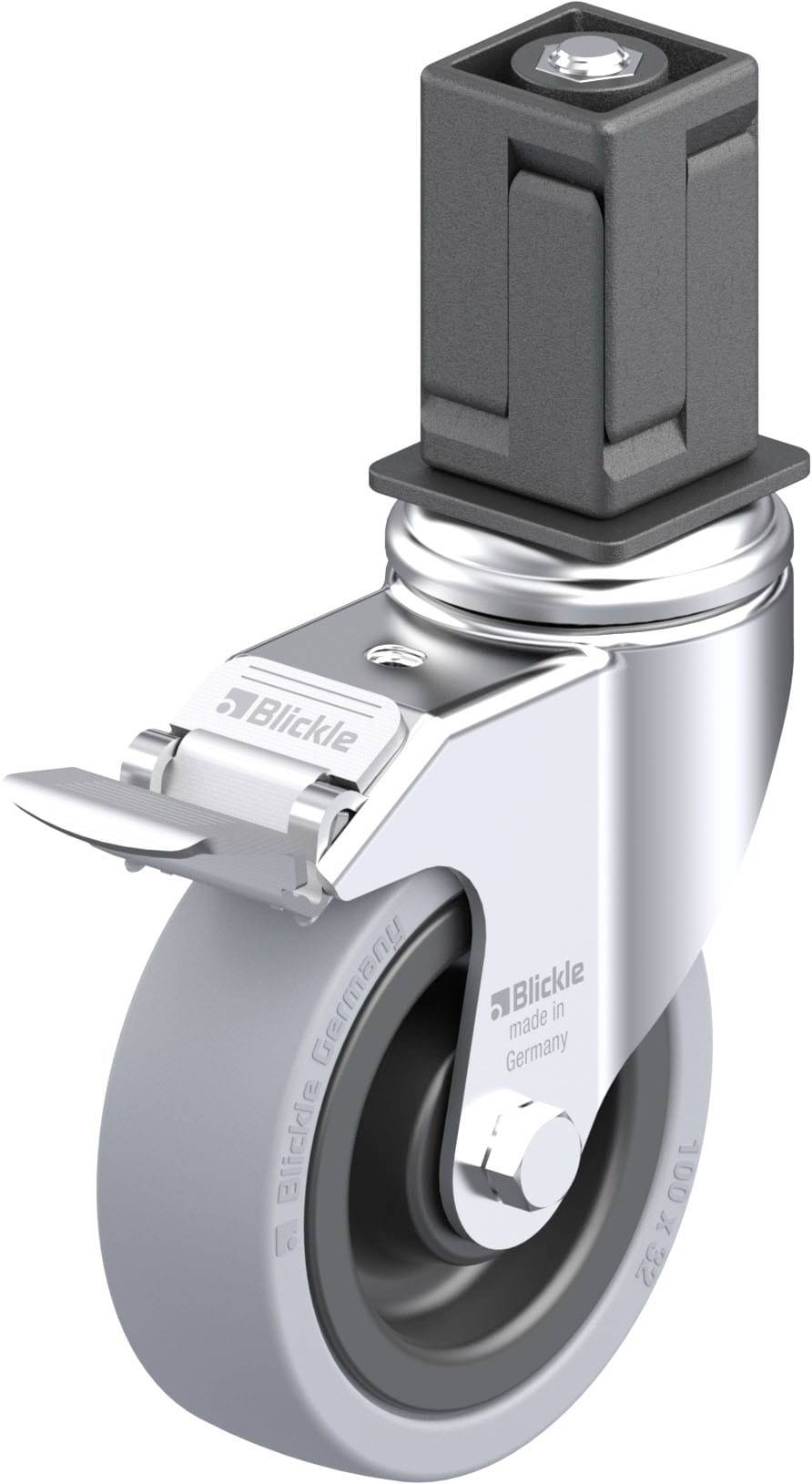 Rolle mit grauem Rad und Bremse, montiert auf einer quadratischen schwarzen Befestigung. Markiert mit 'Blickle'.