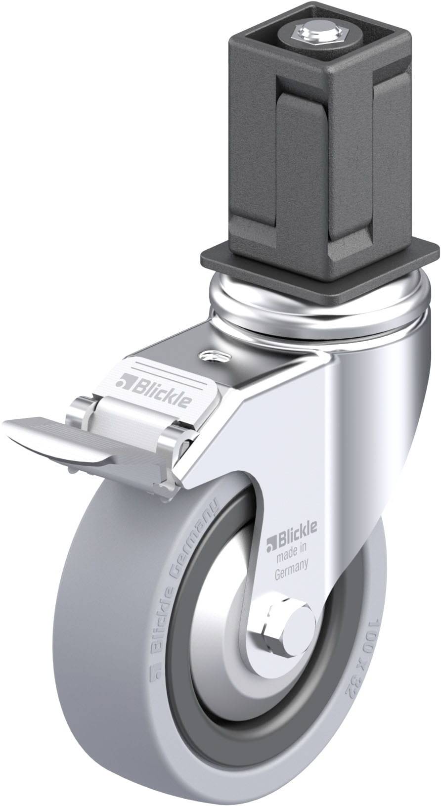 Industrie-Rolle mit Bremse aus Metall und Kunststoff, hergestellt in Deutschland von Blickle. Sie dient zur Mobilität von Geräten.