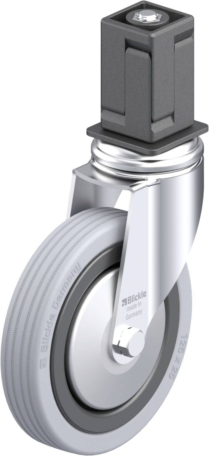 Industrie-Rolle mit grauem Gummi, glänzendem Metallgehäuse und rechteckigem Befestigungselement.