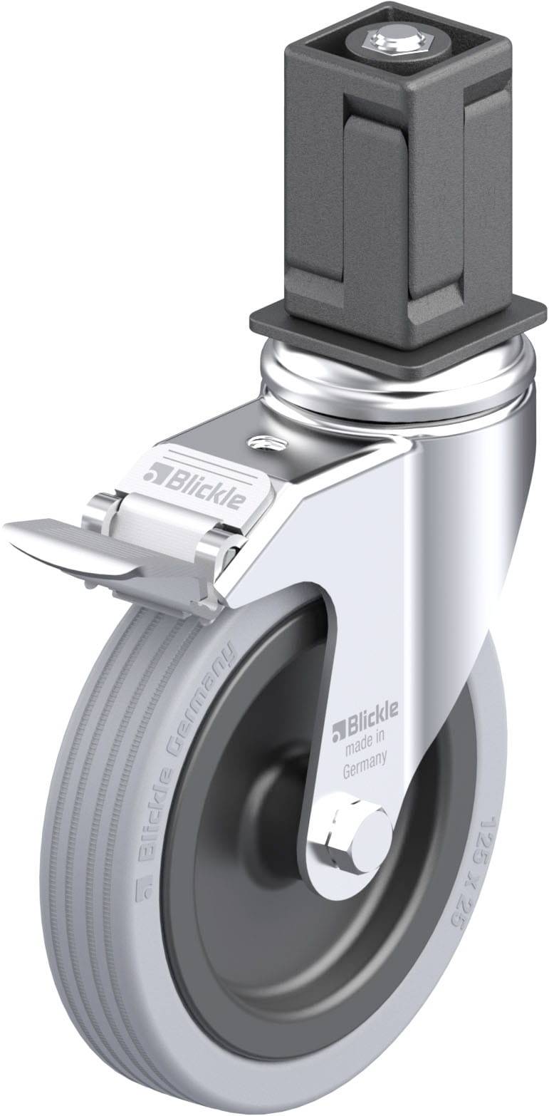 Eine graue Transportrad-Rolle mit Bockgehäuse aus Metall und rechteckigem Befestigungsteil. Geeignet für verschiedene Transportgeräte.